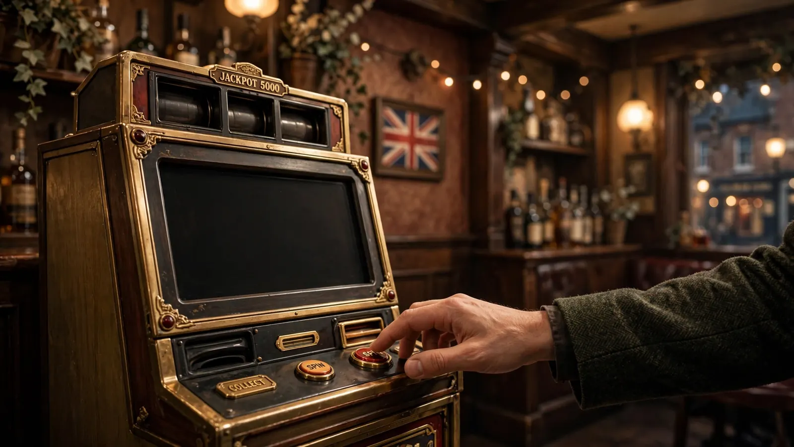 Slot machine in a British pub setting with warm lighting