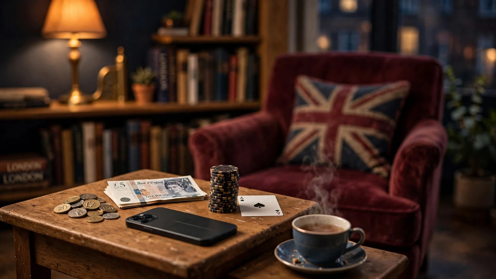 British pound coins, casino chips and a playing card on a side table in a cosy London flat.