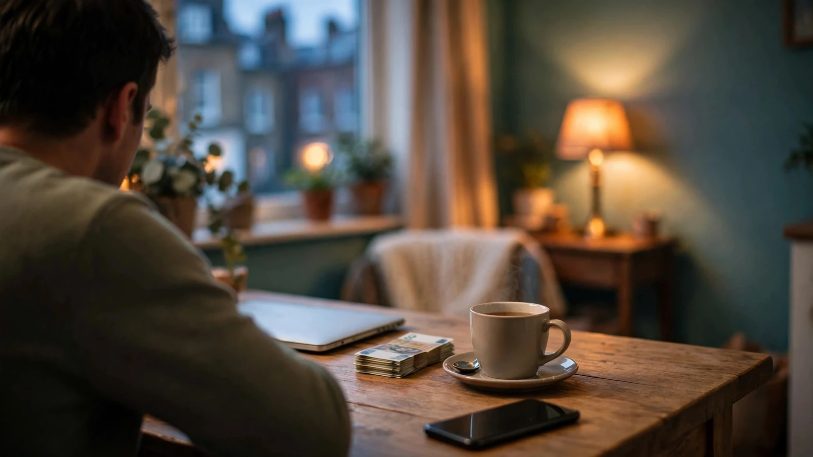 Person at a London kitchen table with closed laptop, tea, and British pound notes.