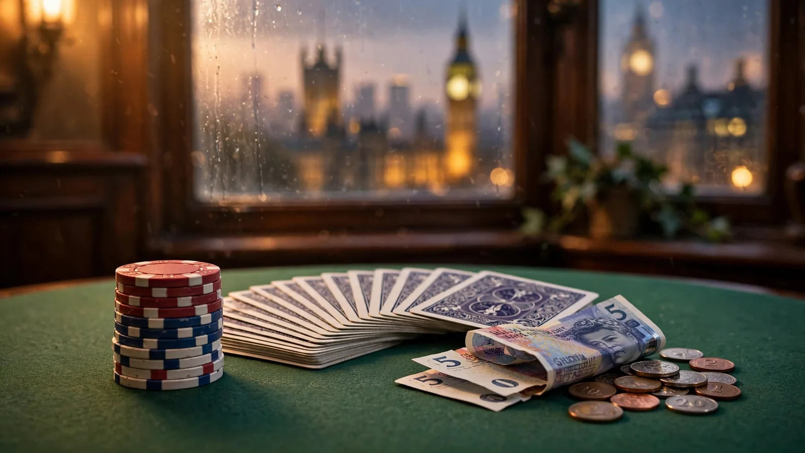 Casino chips, playing cards, and British pound notes on a green felt table with London skyline at dusk.