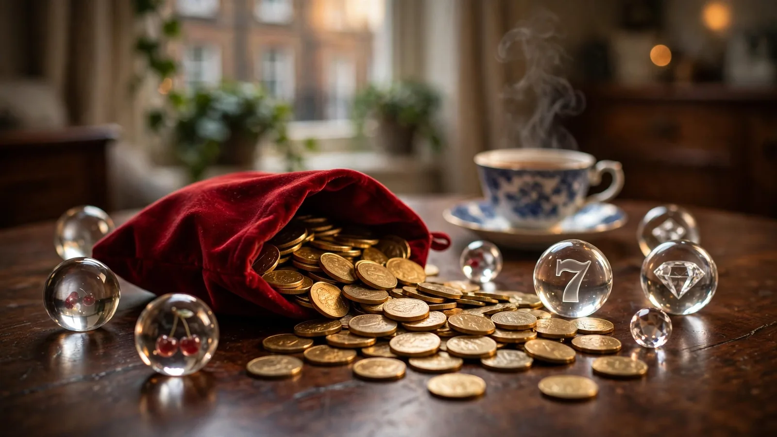 Gold coins spilling from a velvet pouch among crystal slot-themed orbs on a dark wood table