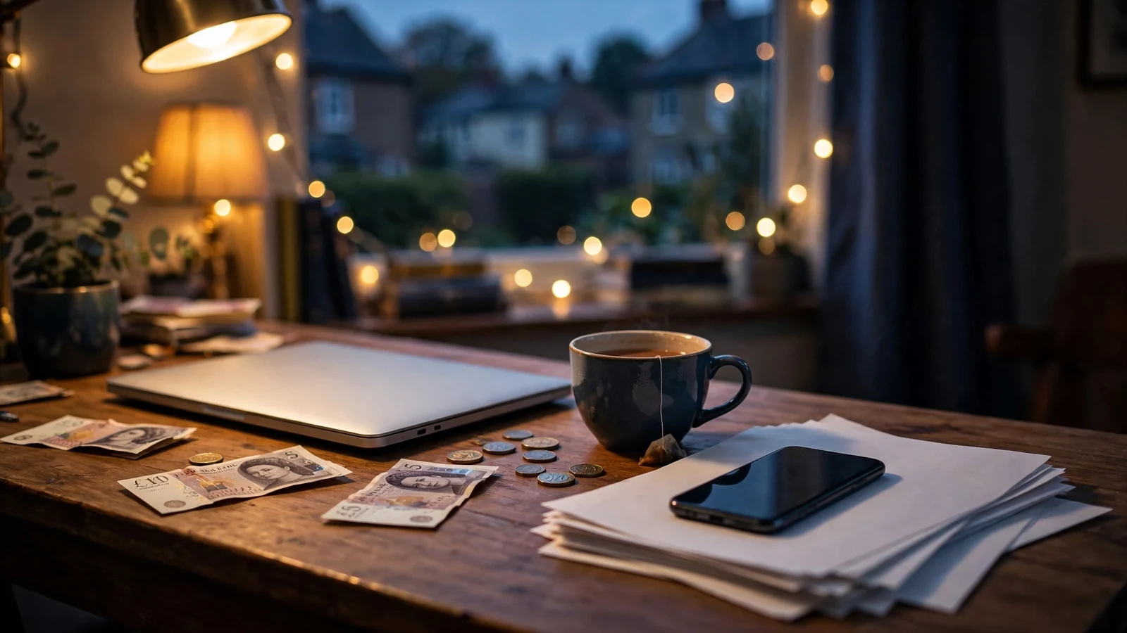 Closed laptop on a desk with tea, pound notes, and bonus terms paperwork in a softly lit British home.