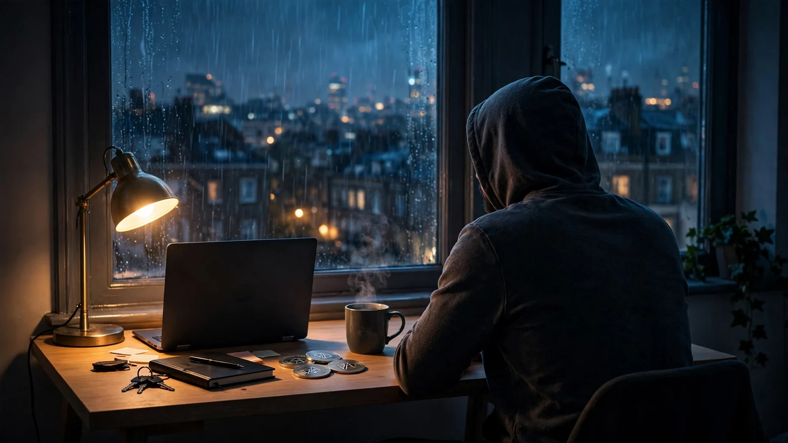 Hooded figure at desk with laptop, rainy London skyline through window, crypto coins
