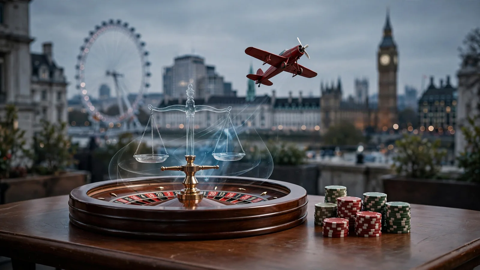 Toy airplane rising from a roulette wheel on a casino table with a blurred London skyline behind.