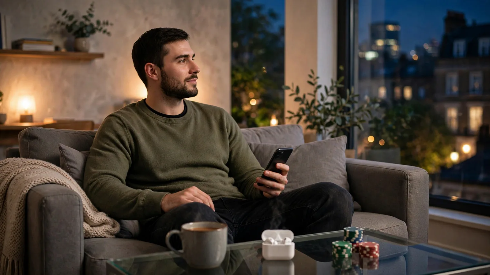 Person relaxing on a sofa in a modern London apartment holding a smartphone with poker chips on the table