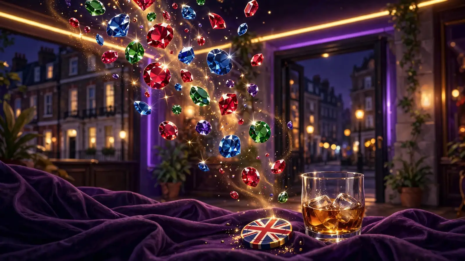 Stylized cascading gems and casino ambience representing UK slot games.
