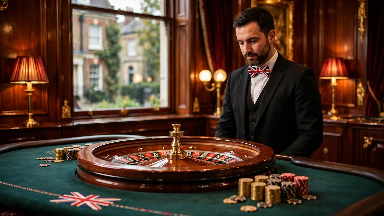 Elegant UK casino studio with roulette wheel and dealer