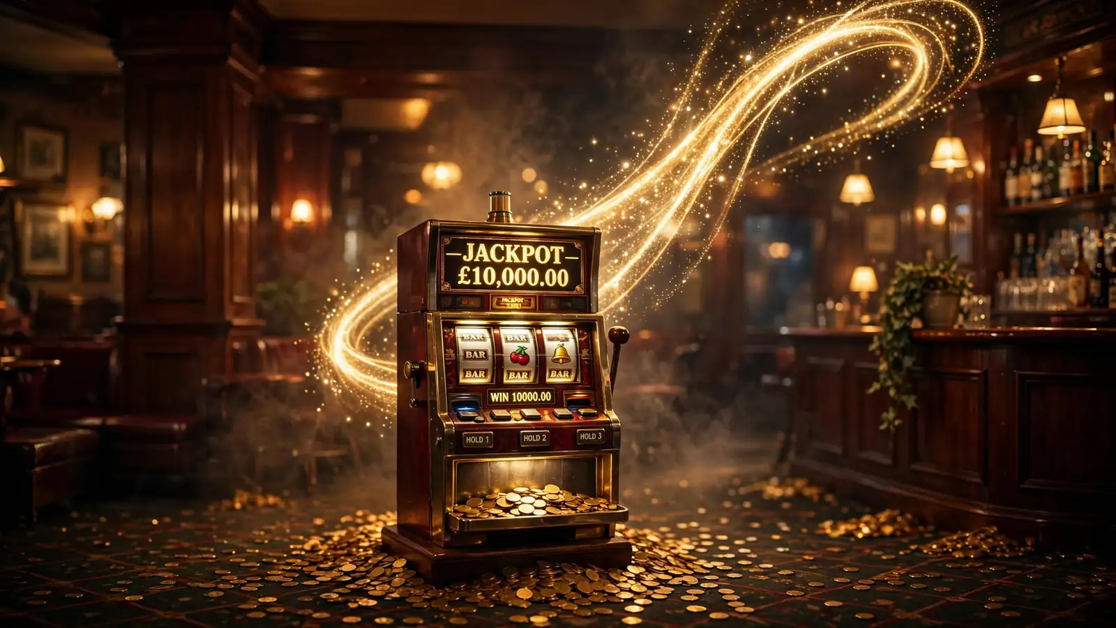 Dramatic slot machine in a dim British casino with rising gold coin trail