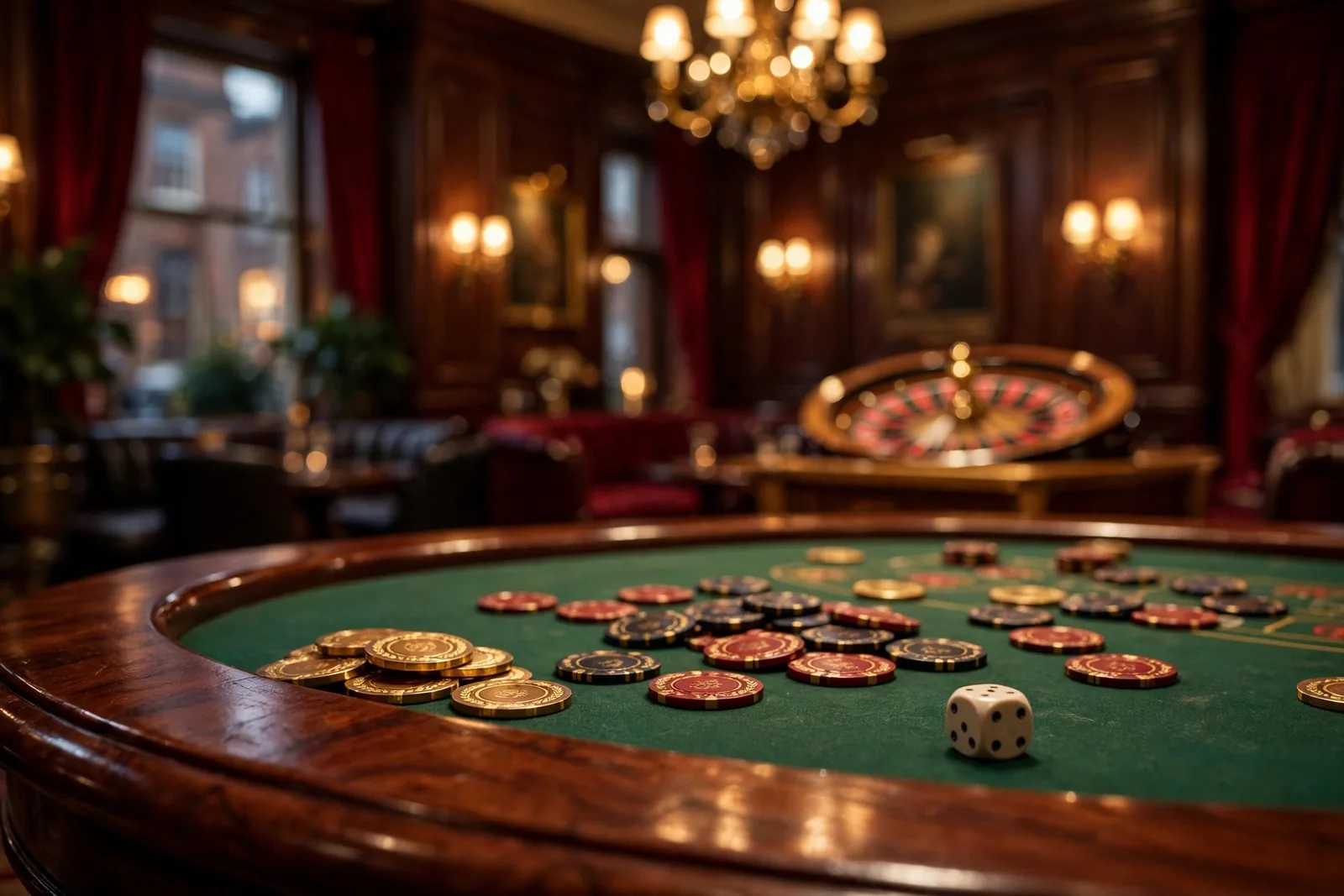 Elegant British casino lounge with chips and roulette wheel