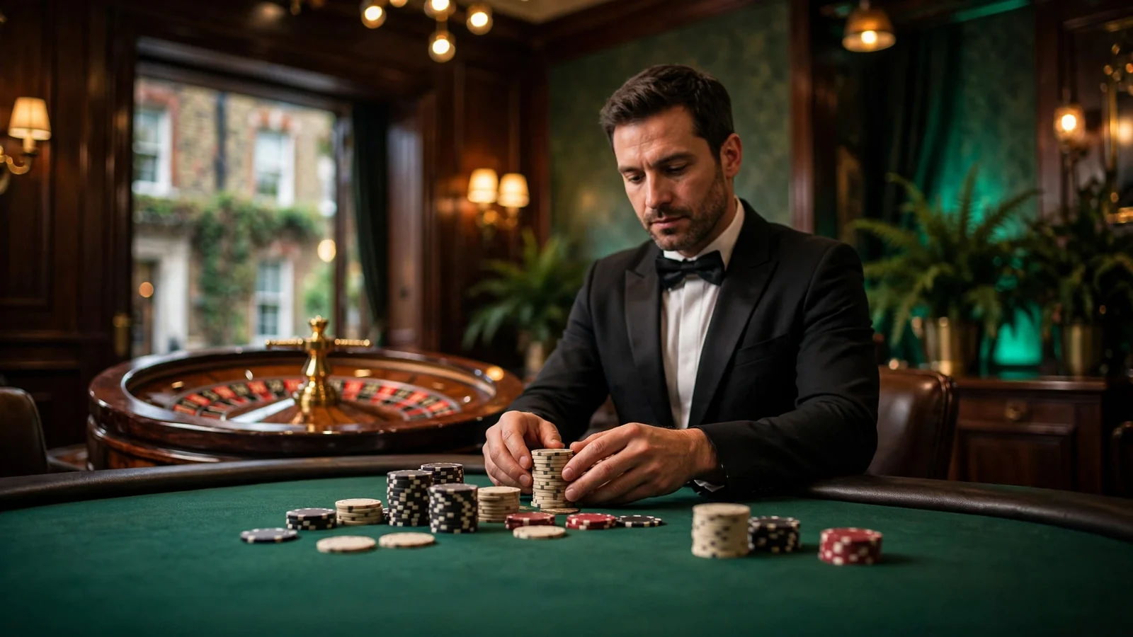 Professional croupier in tuxedo at a green-felt casino table with chips and a roulette wheel