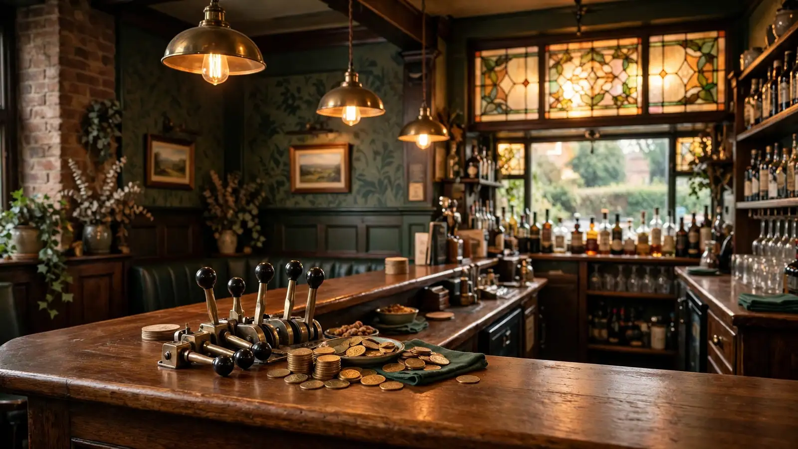 Cozy British pub interior with vintage slot tokens and levers on a wooden counter.