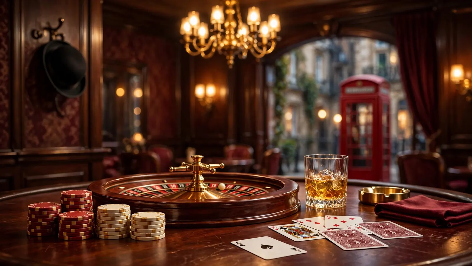 Elegant British casino table with chips, roulette wheel, whiskey glass, and playing cards under warm golden chandelier light.