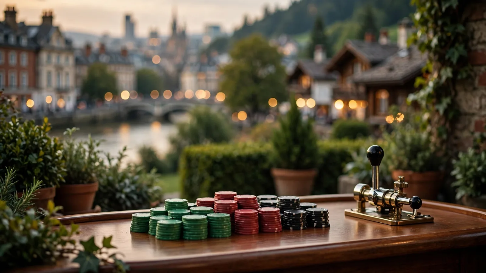 Casino chips and slot lever with London and Alpine skylines blended in the background.
