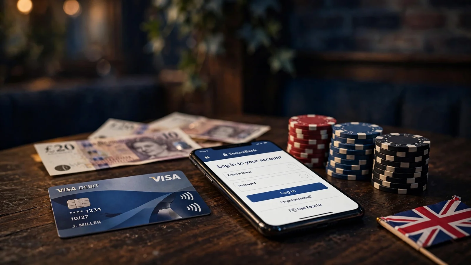 British payment methods and casino chips on a dark table