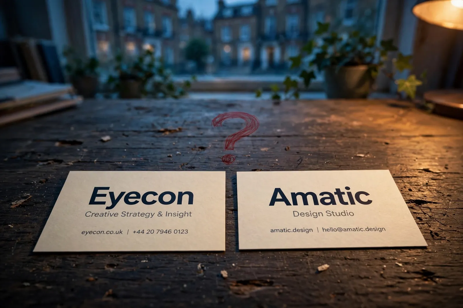 Two business cards on a desk, one labeled Eyecon and the other Amatic, with a question mark above