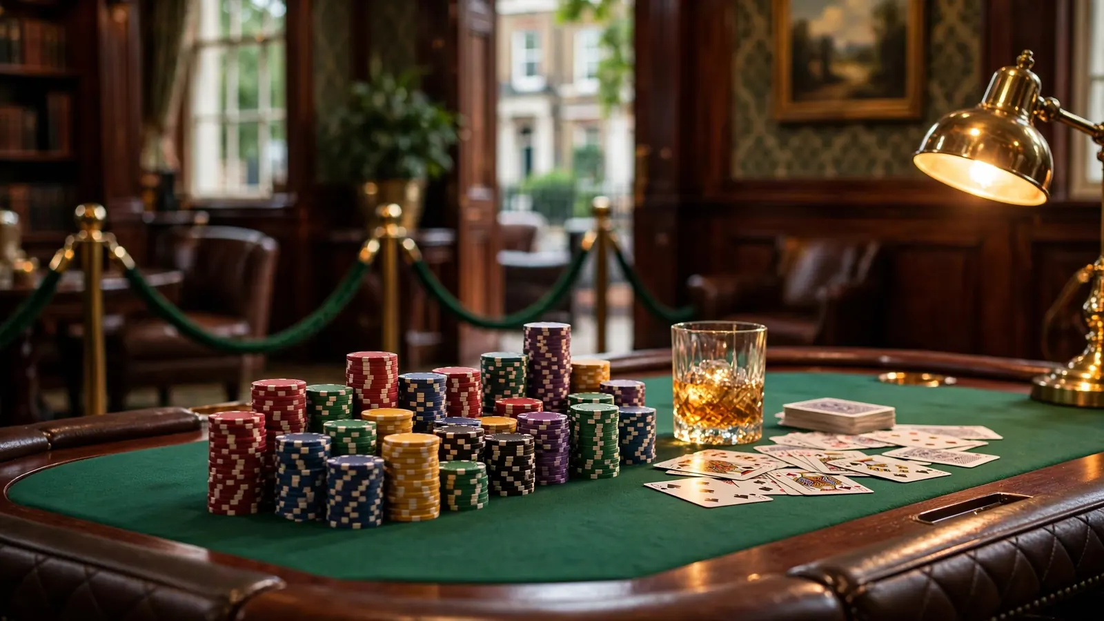 Elegant casino table with tall poker chip stacks, cards, and crystal glass in warm golden lighting