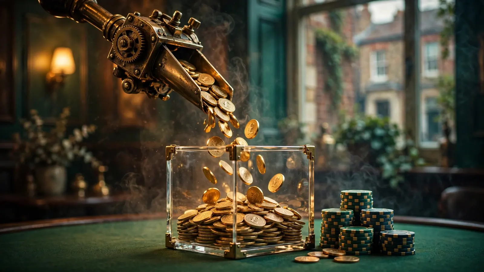 Gold coins cascading into a glass vault beside stacked pound chips, evoking a progressive jackpot