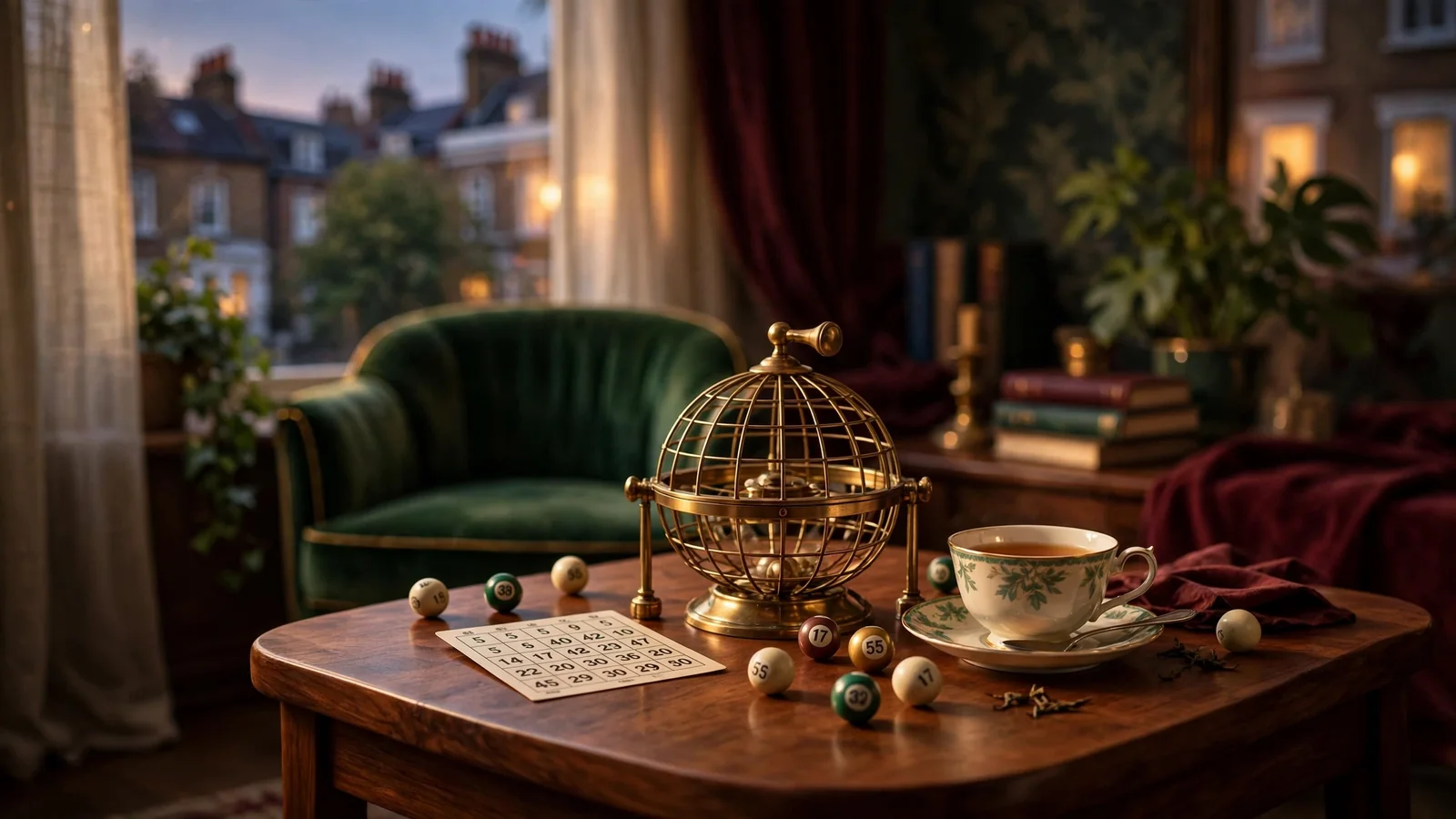 British lounge scene with bingo cage, numbered card, and teacup