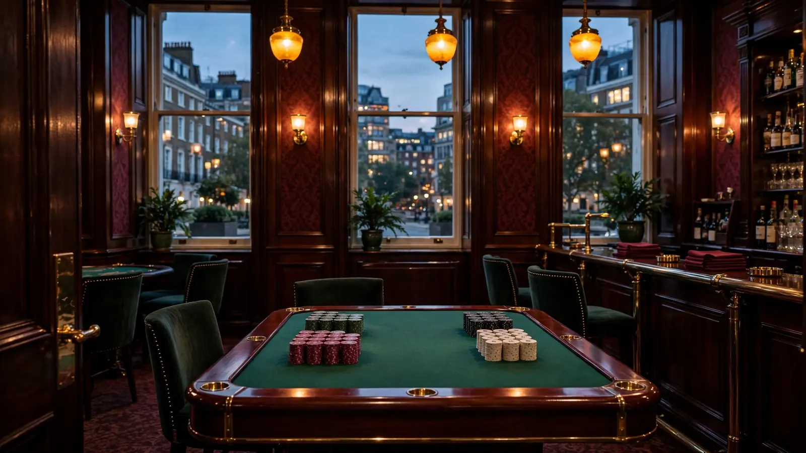 Elegant London casino lounge at dusk with card table and warm lighting