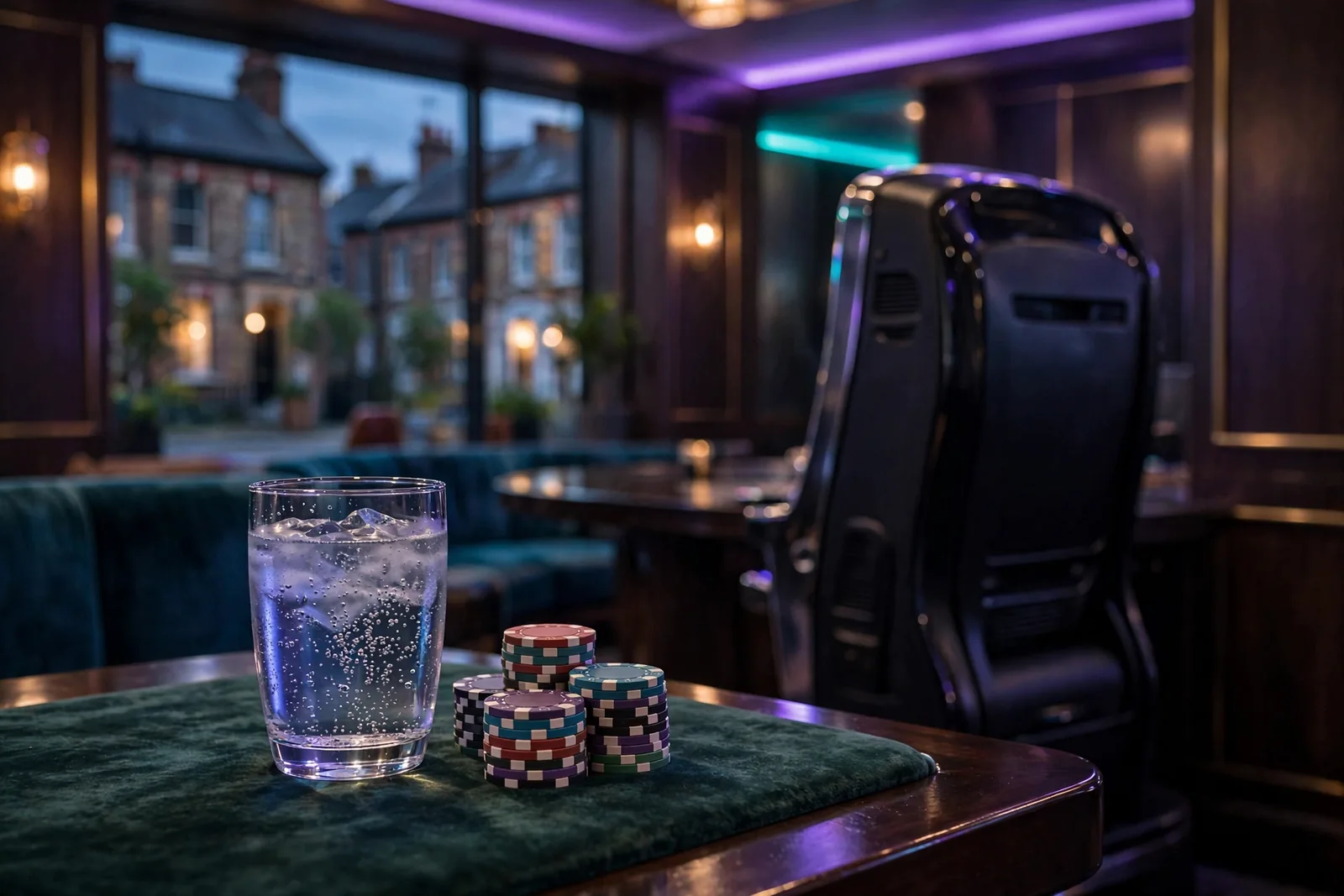 British casino lounge interior with colorful chips and ambient lighting