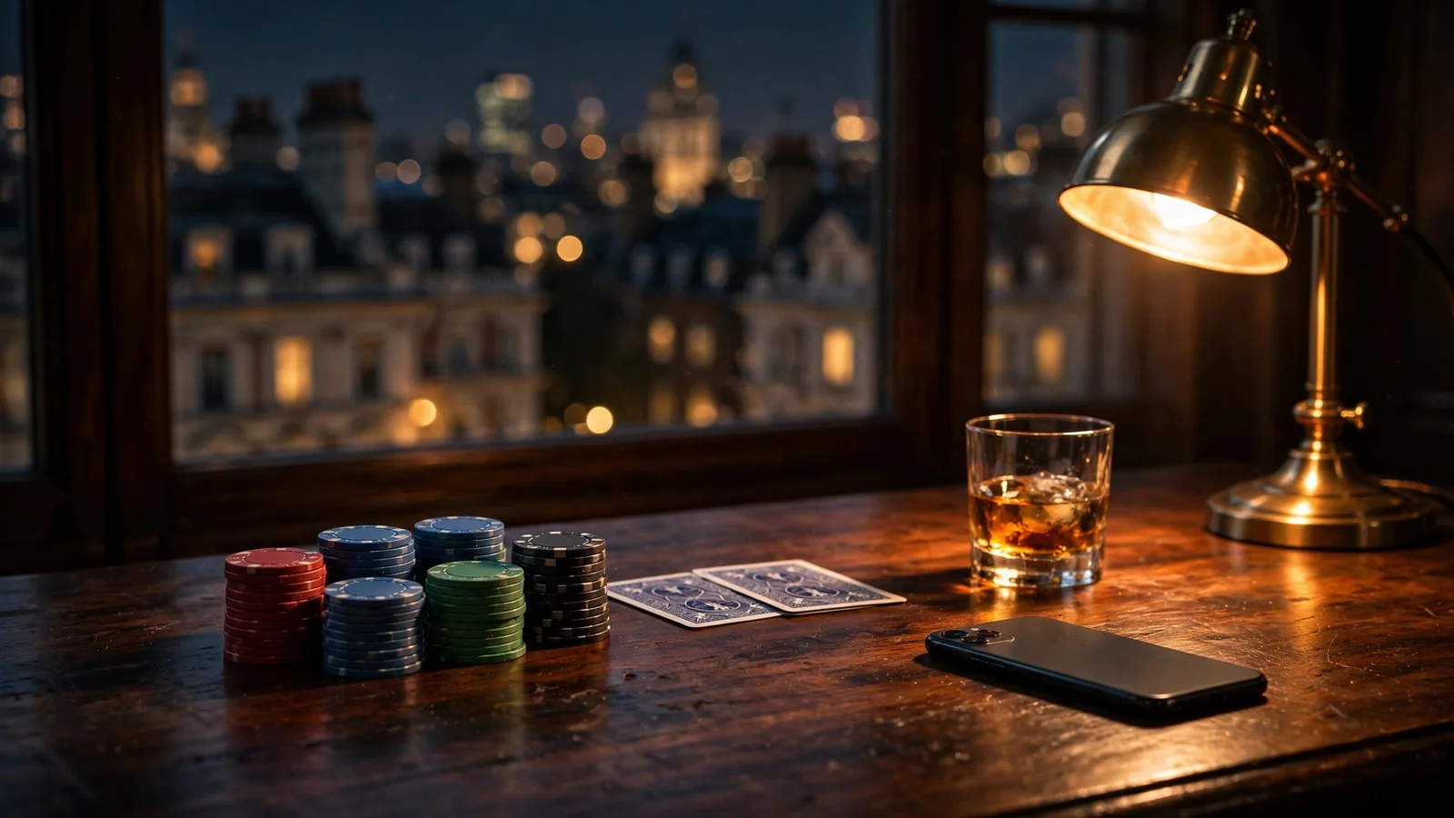 Casino chips and cards on a dark desk with London skyline at night