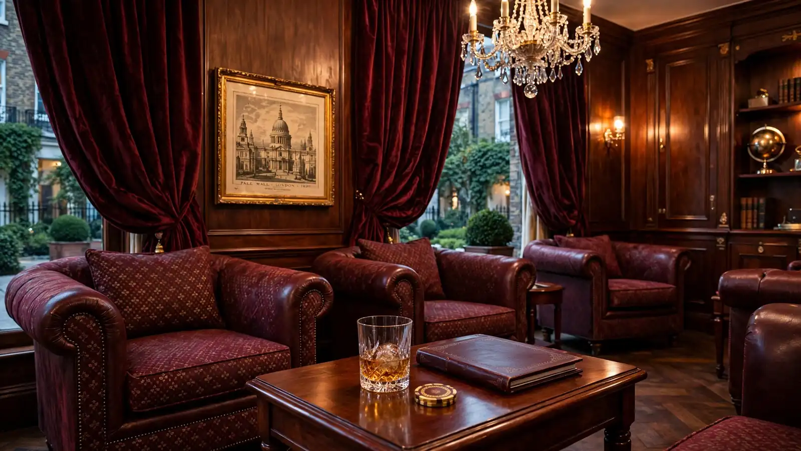 Luxurious London VIP lounge with leather seating, crystal glassware and warm chandelier lighting