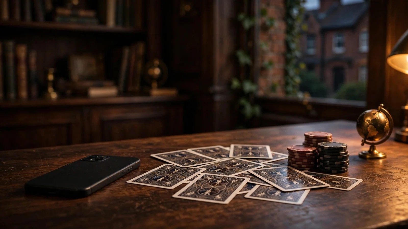 Playing cards and casino chips beside a face-down phone on a dark desk.