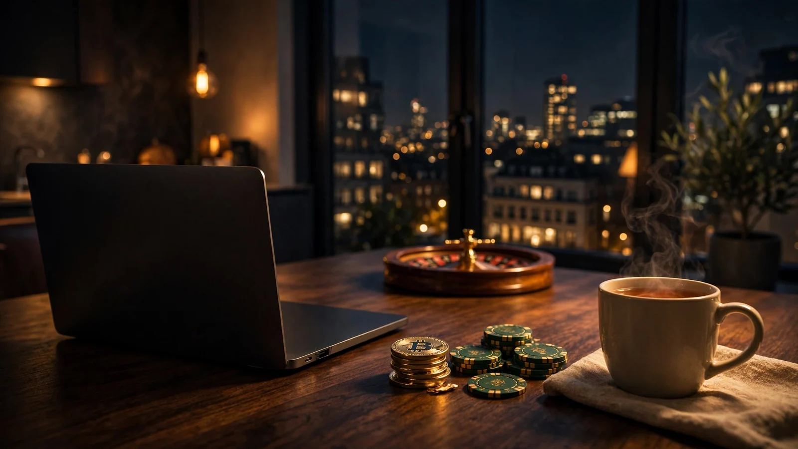 Bitcoin tokens, casino chips, and a roulette wheel on a London apartment table at night