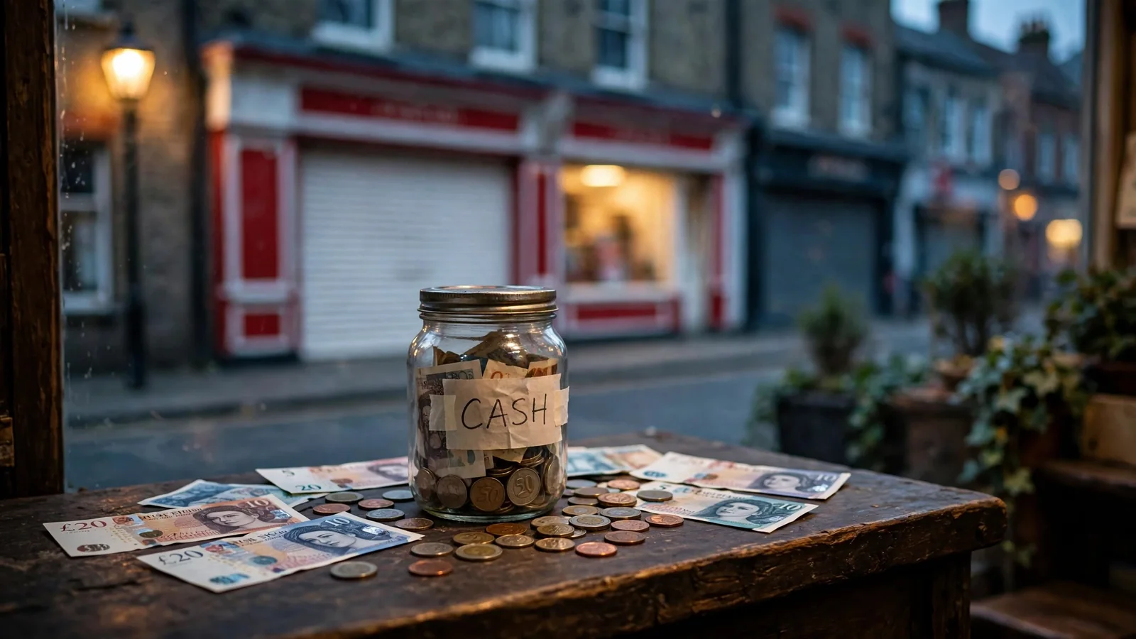 Glass cash jar with British money on a wooden counter near a dimly lit UK betting shop at dusk
