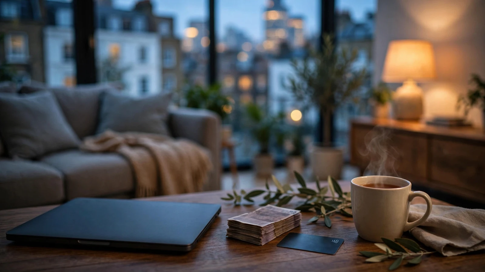 Laptop, payment card, and British pounds on a London coffee table at dusk
