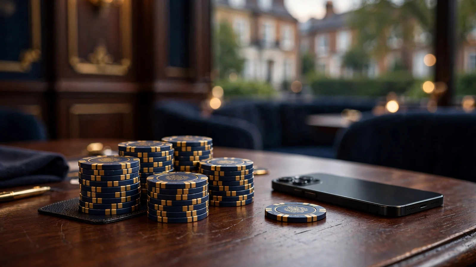 Premium UK casino table with chips and a smartphone suggesting online payment options
