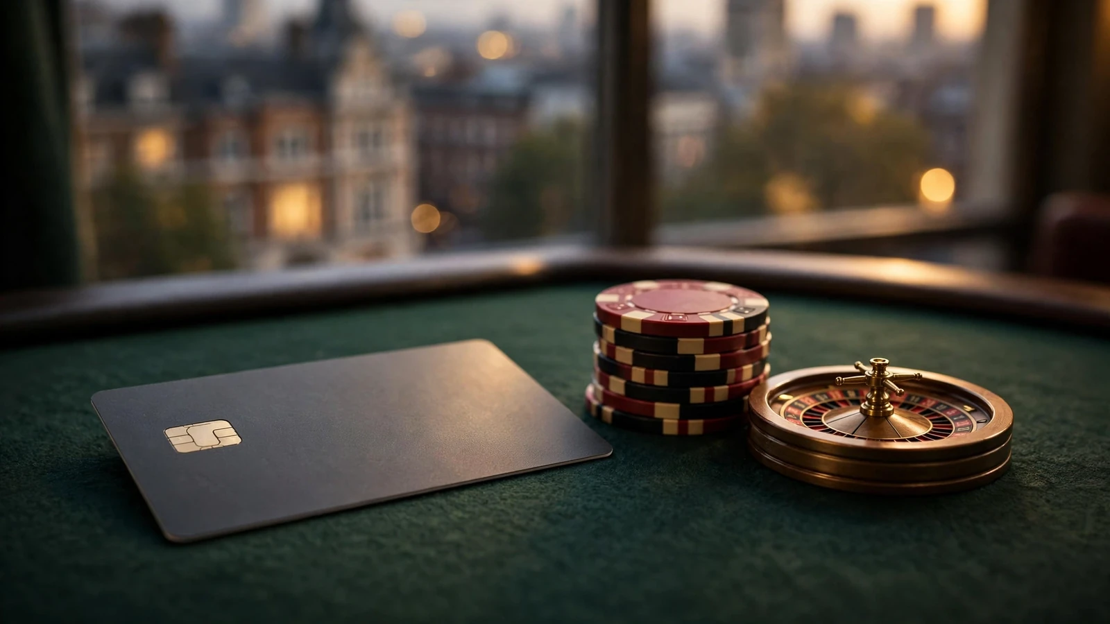 Bank card next to casino chips and roulette wheel on green felt