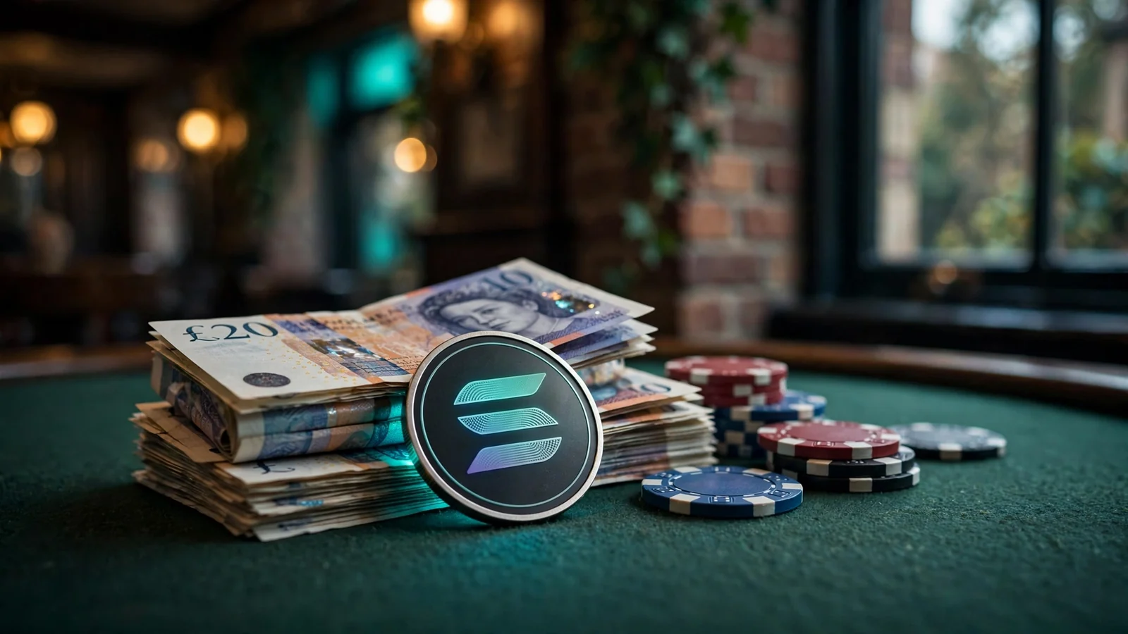 Solana symbol with British pounds and casino chips on green felt