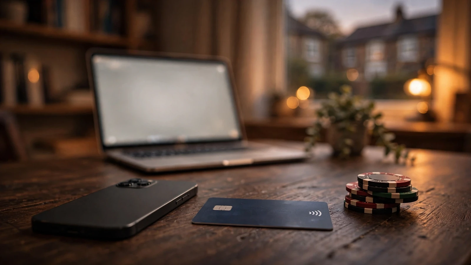 Face-down smartphone with UK bank card and casino chips on a wooden table