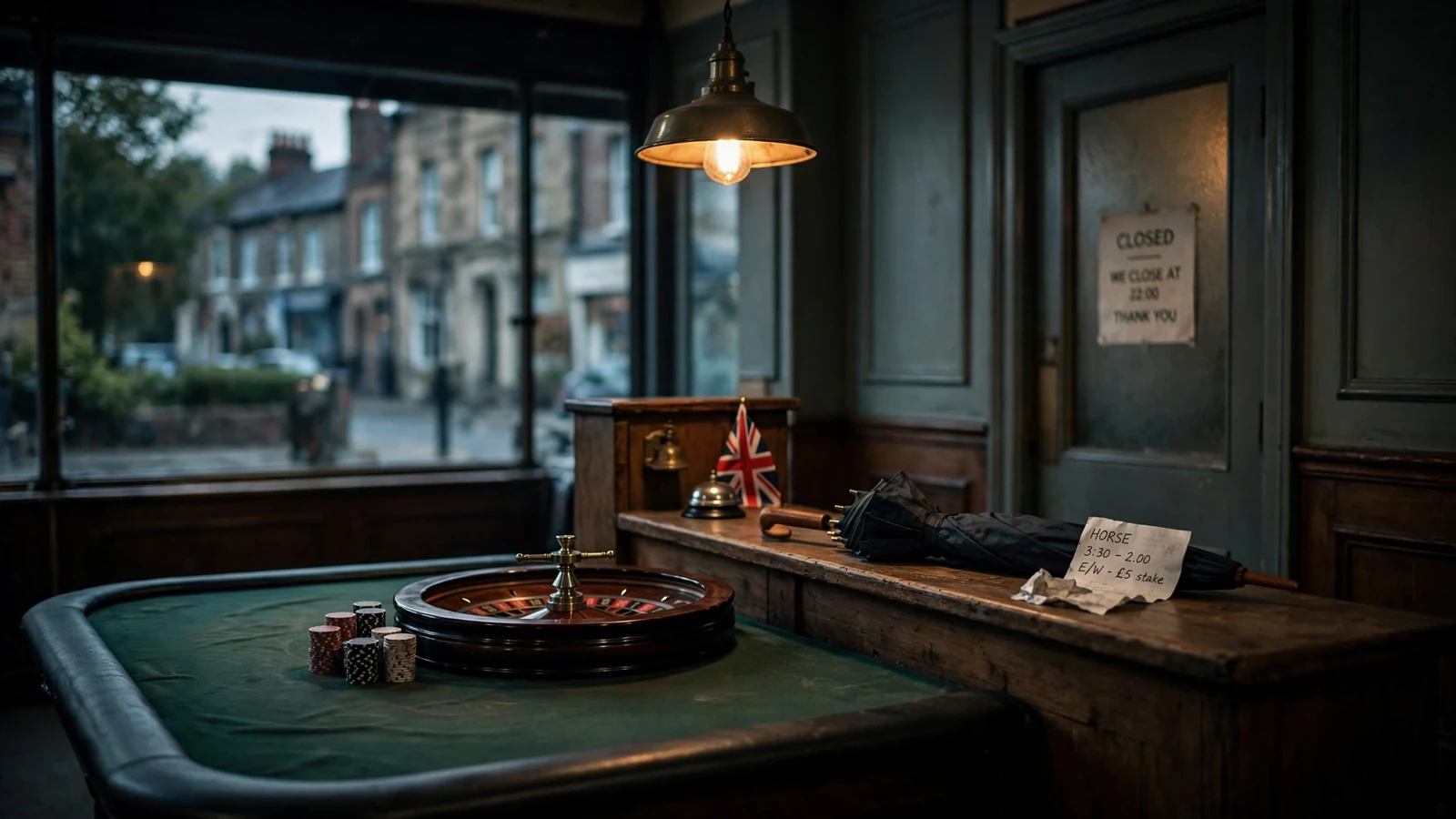 Empty UK betting shop interior with chips and roulette wheel at closing time