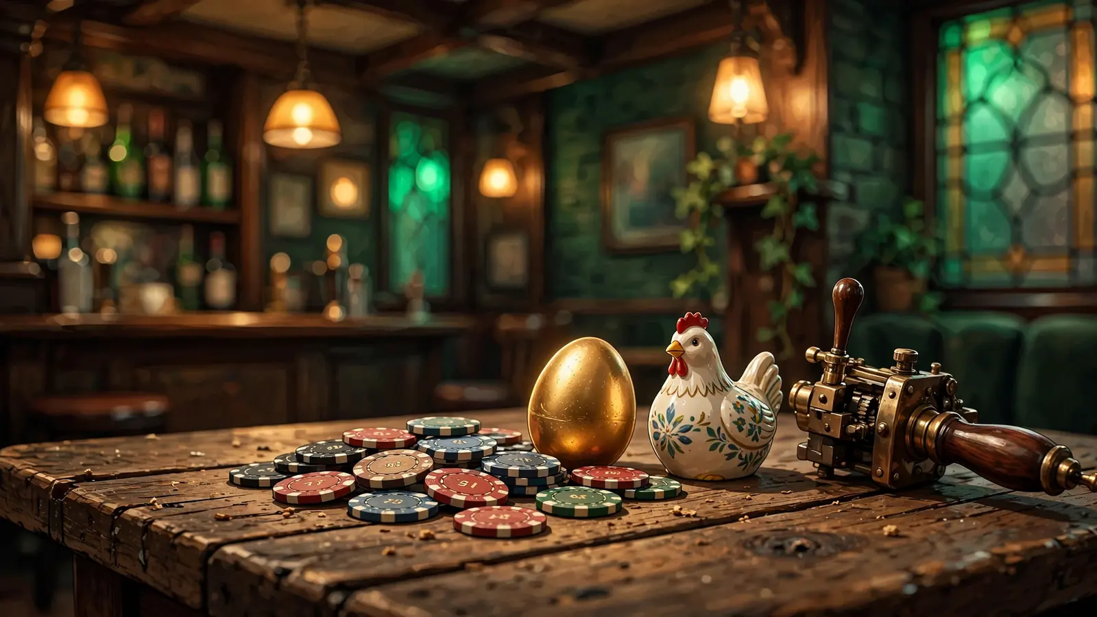 Casino chips, golden egg, and chicken figurine on a pub table near a slot machine