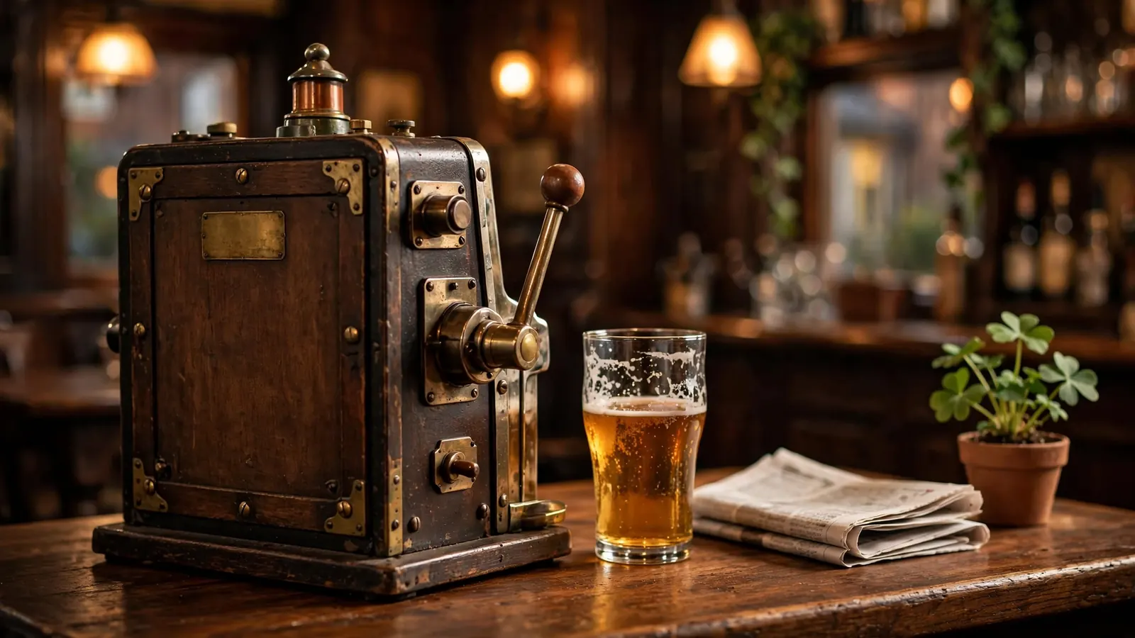 Vintage slot machine on a British pub table with a pint and newspaper, reels turned away.