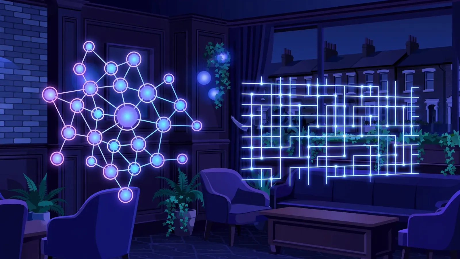 Abstract illustration contrasting cluster grid nodes and linear payline pathways in a casino-themed setting.