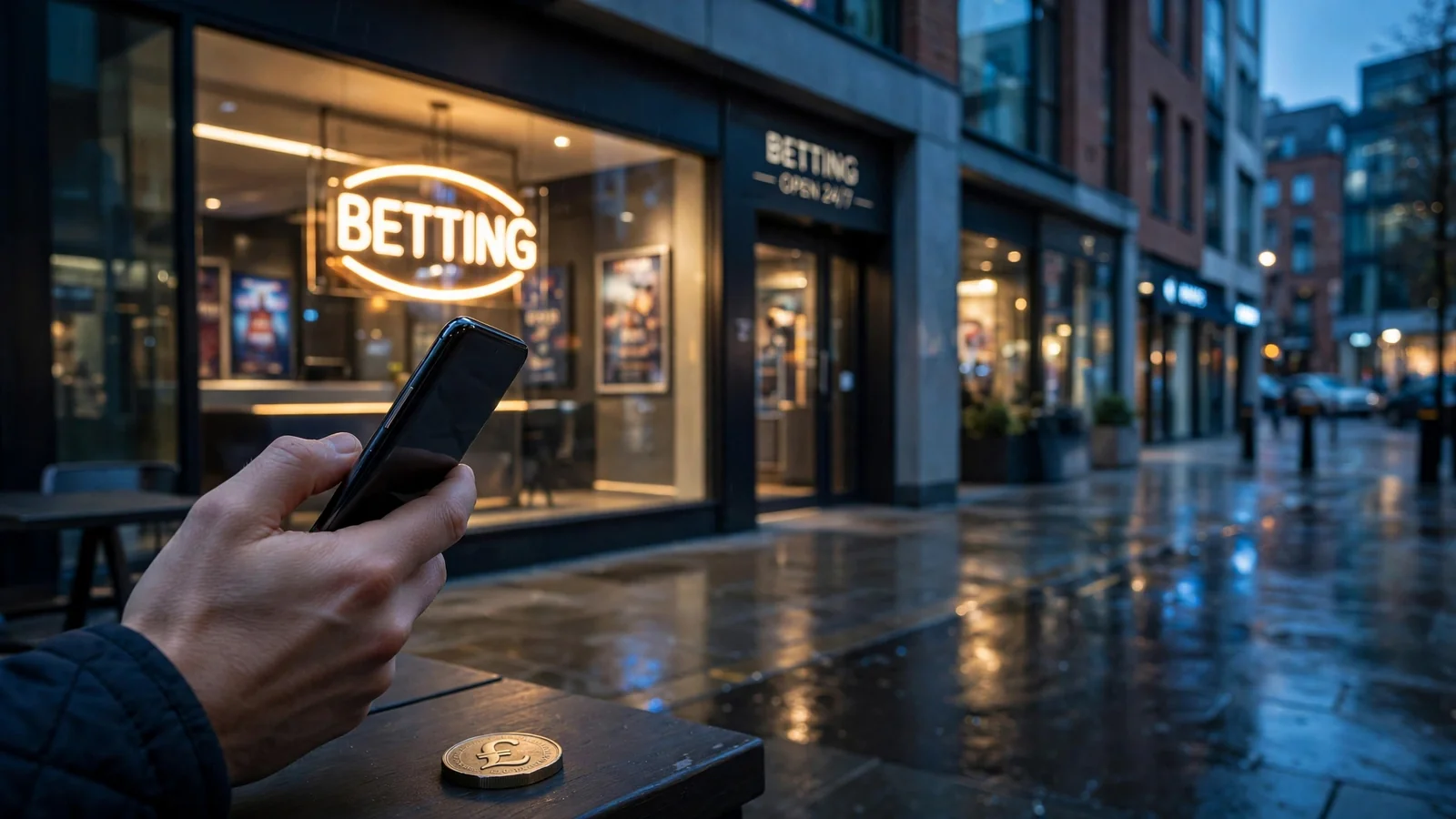 Hand holding a smartphone on a rainy UK street at dusk near a betting shop, suggesting fast casino withdrawal.