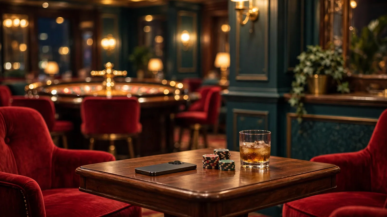 British casino lounge with smartphone, chips, and whisky on a velvet chair