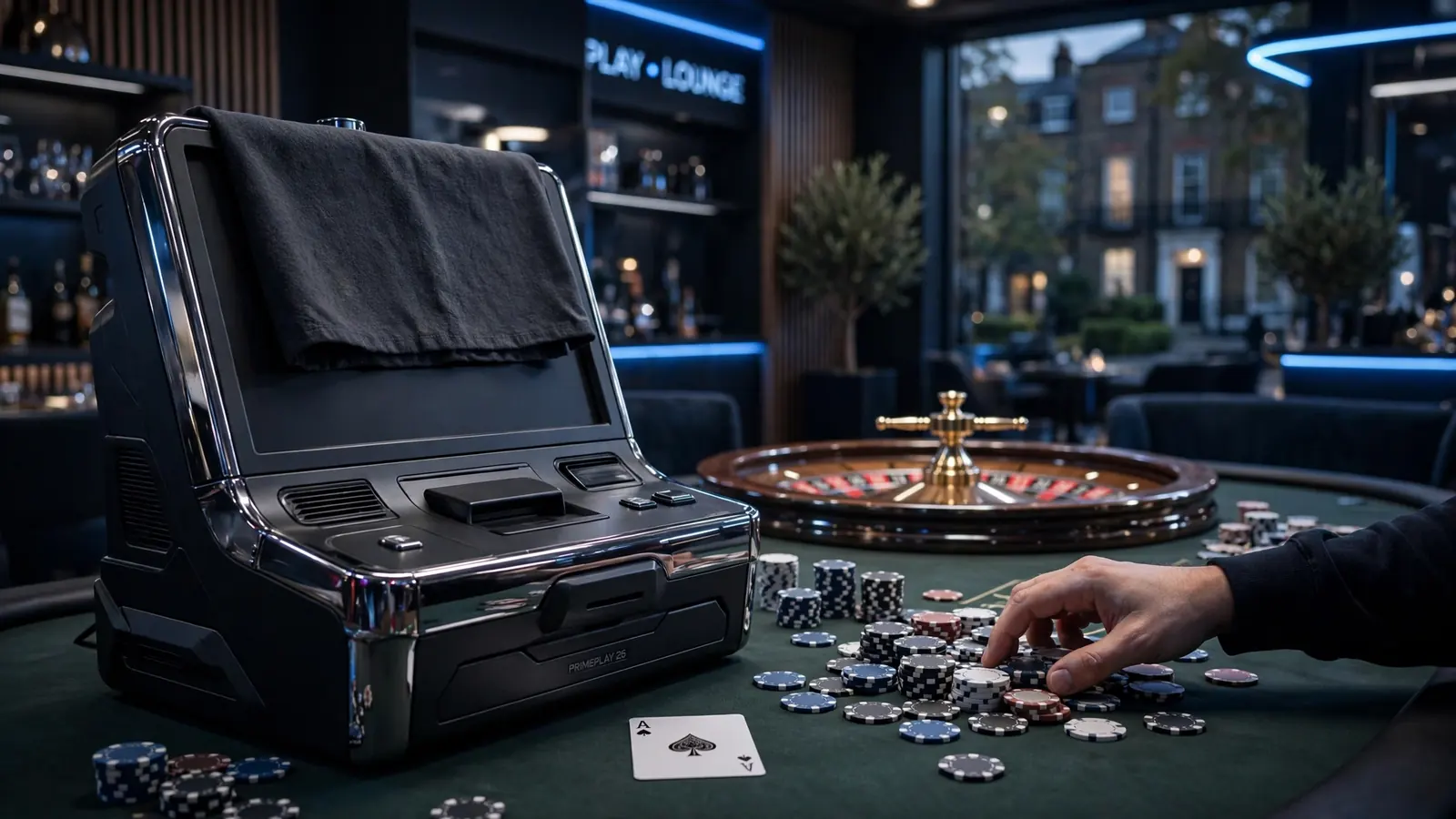 Modern UK casino lounge with gambling machine, chips, roulette wheel, cinematic mood.