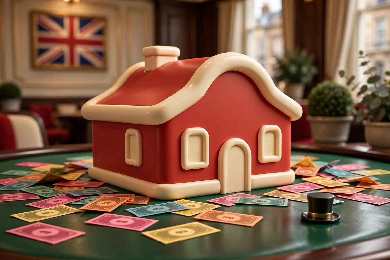 Illustration of a stylized Monopoly house and token on a casino felt surface with British accents.