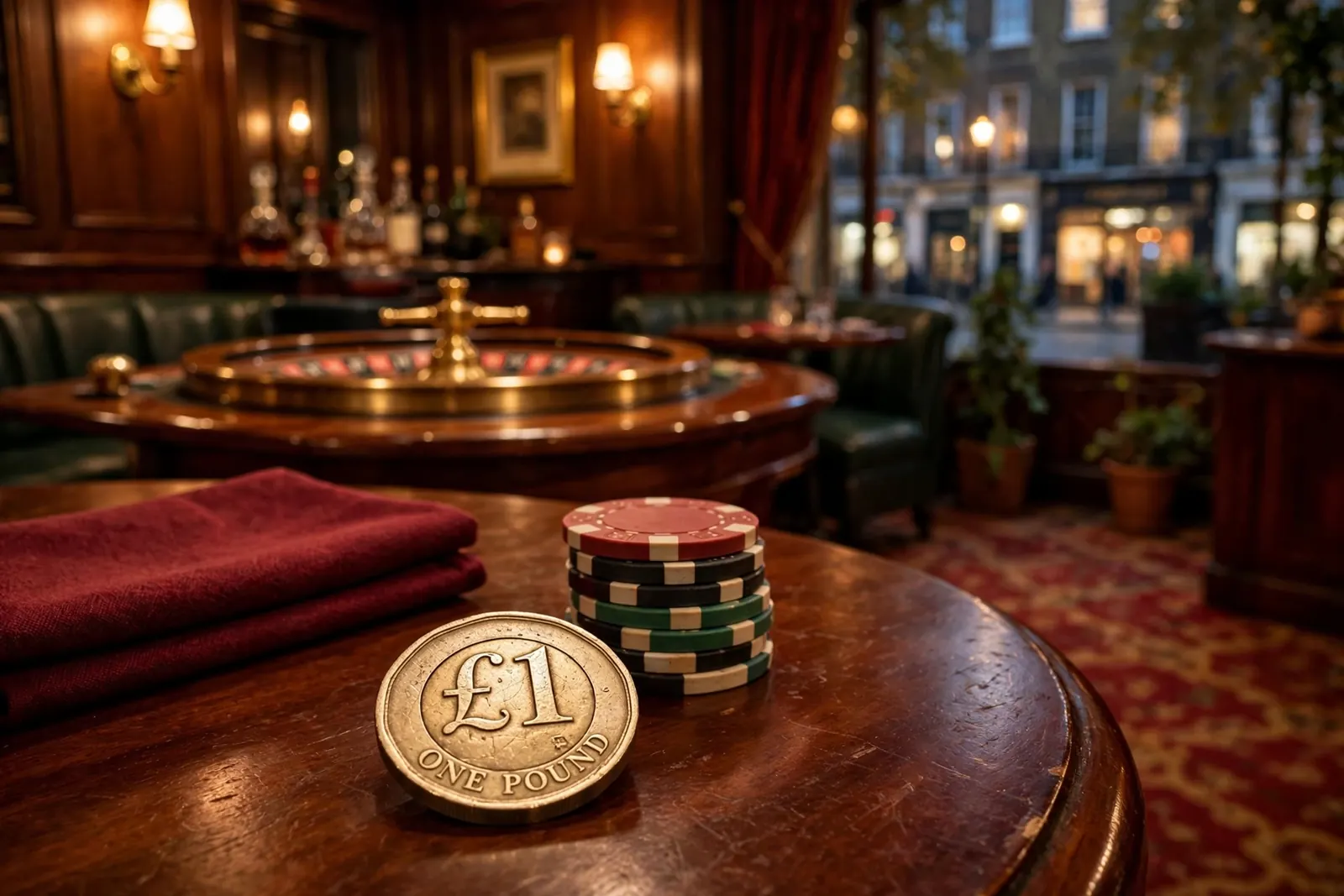 British casino lounge with chips and a £1 coin on a wooden table