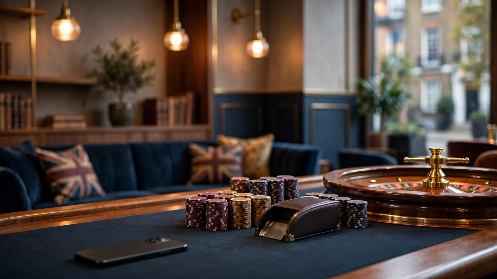 Stylized British casino table with chips and a face-down phone