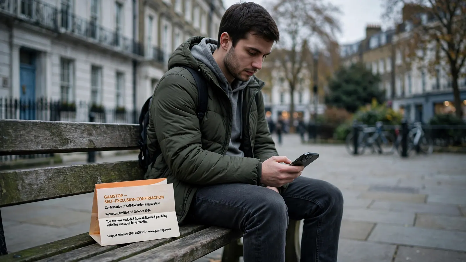Person on a UK park bench with a self-exclusion letter and a phone placed face-down.