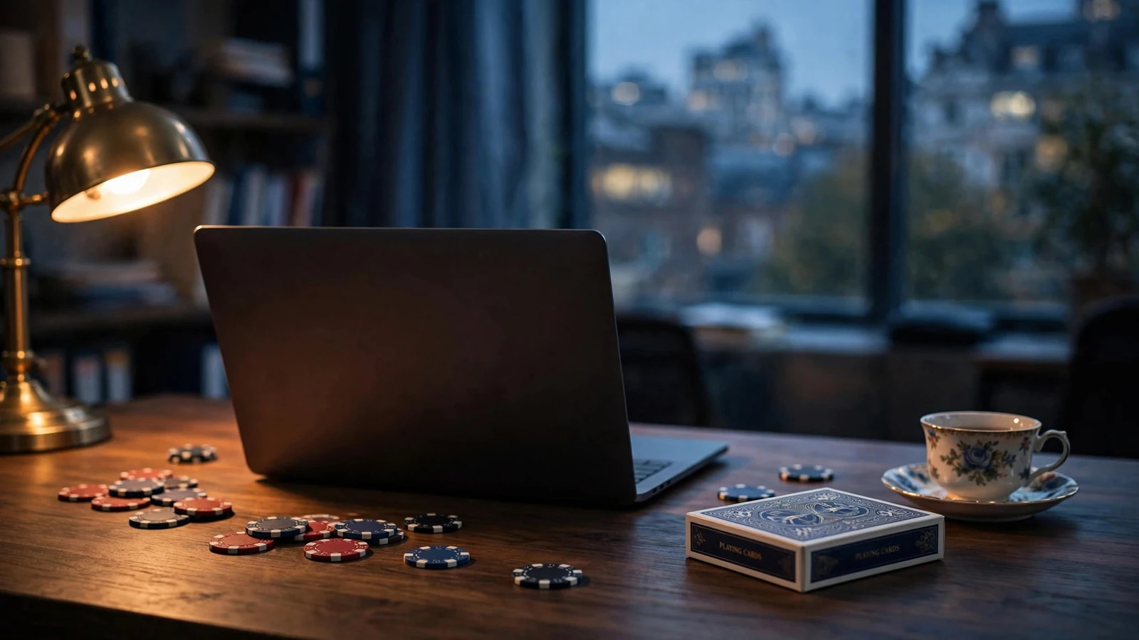 Laptop turned away on desk with poker chips and cards, symbolizing offshore online casinos.