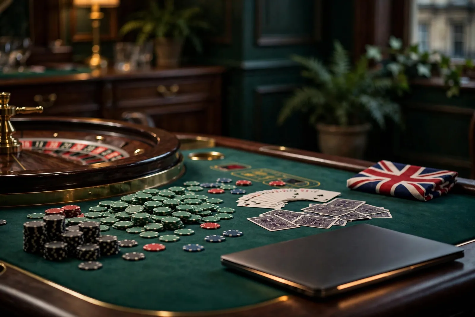 Dim casino table with roulette wheel, chips and closed laptop, no visible screen