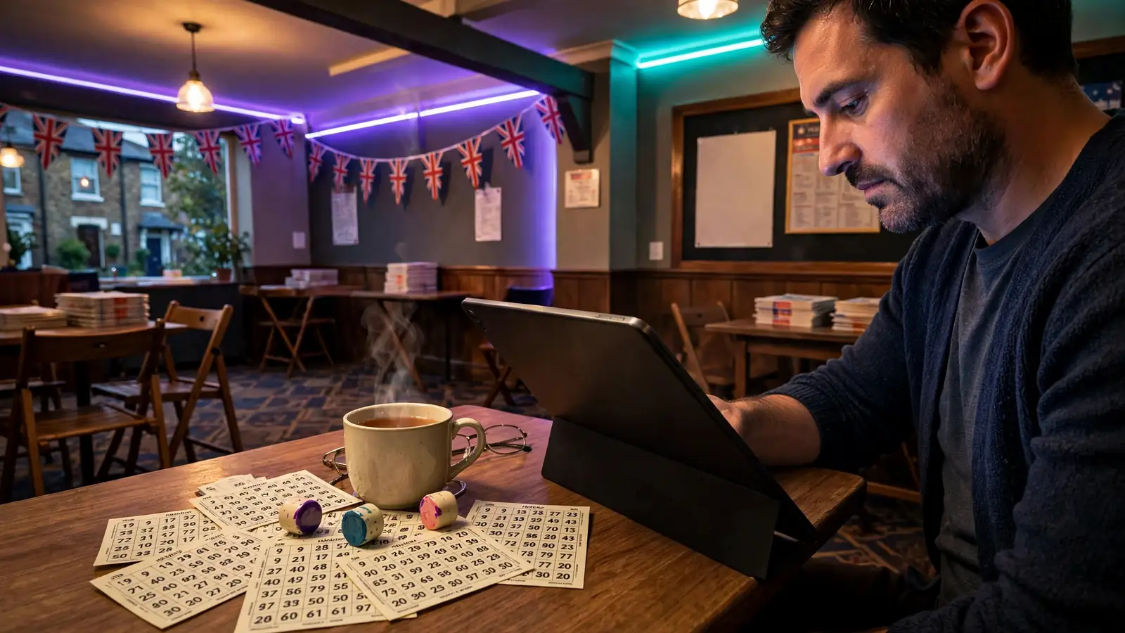 British bingo hall with daubers, tickets, and a tilted screen