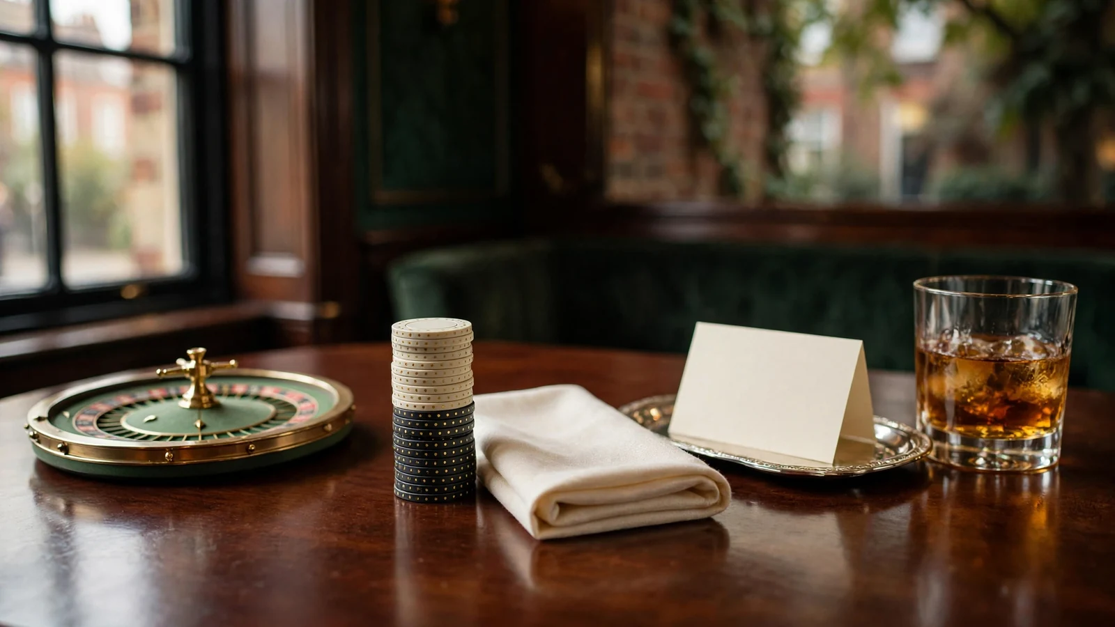 Roulette wheel and stacked casino chips on mahogany table in British club setting