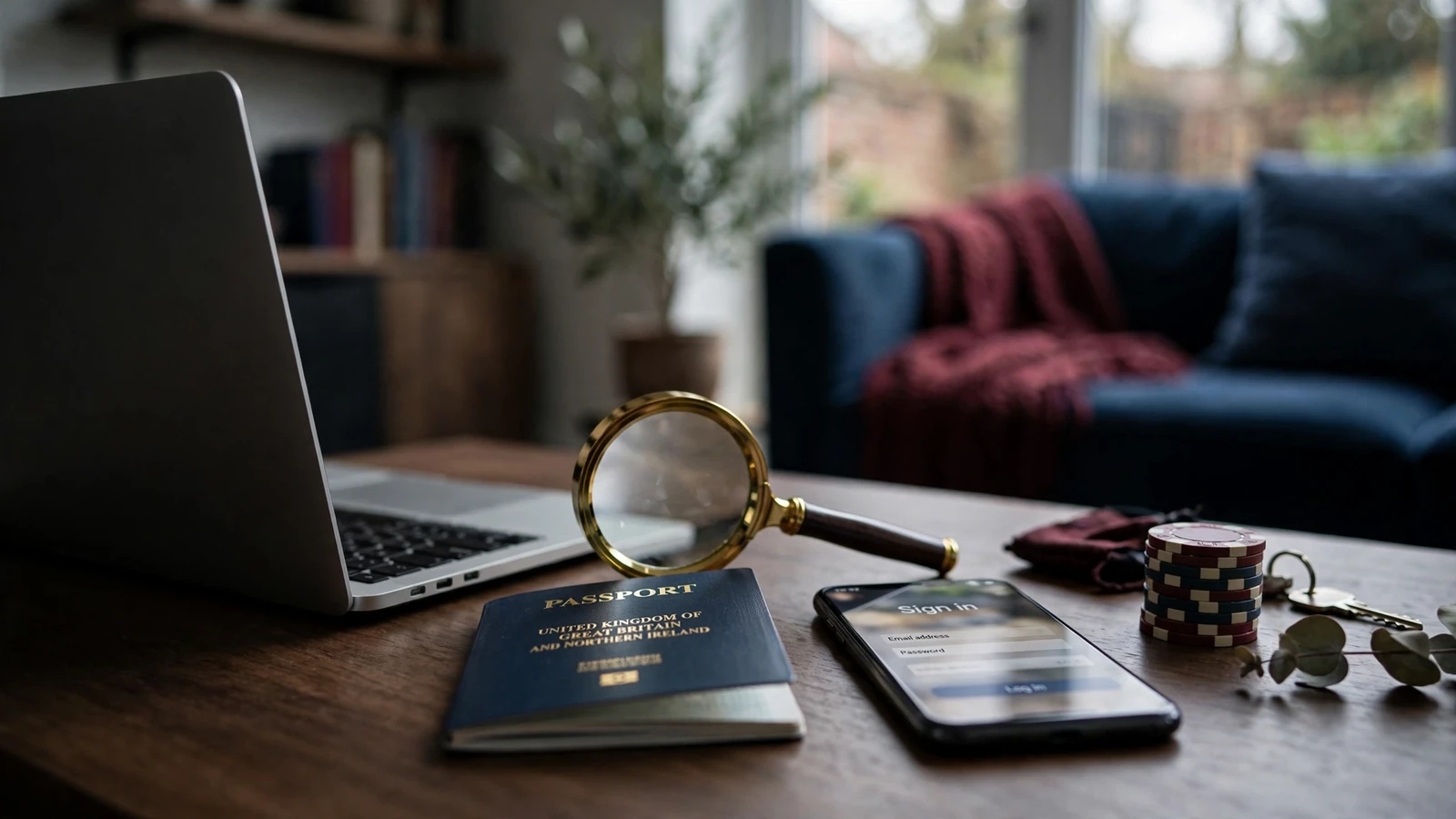 UK laptop with passport and casino chips suggesting identity verification at online casino